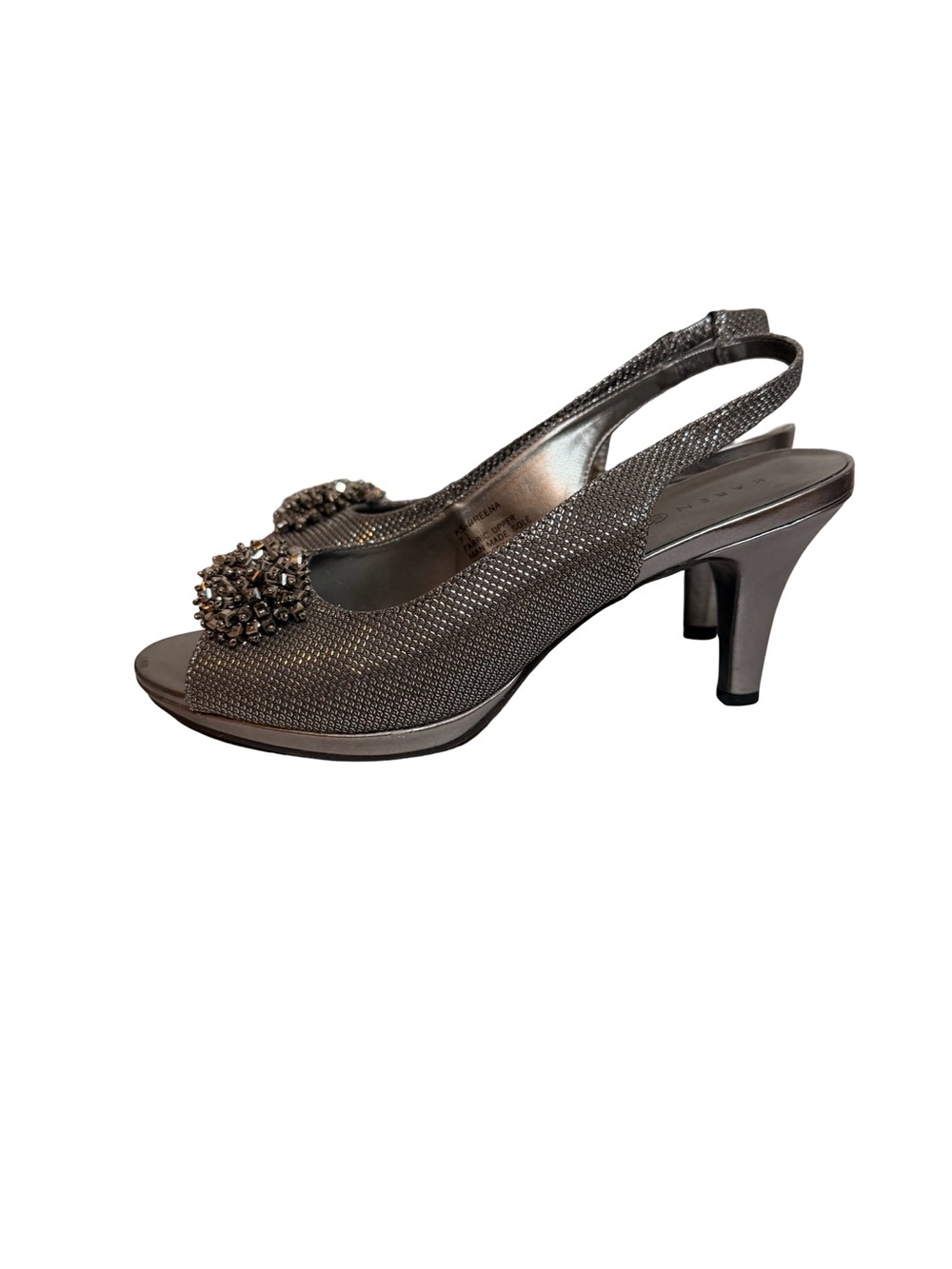Karen Scott Breena Pewter Slingback Peep Toe Heels Beaded Embellished Sz 7.5 - Picture 5 of 8